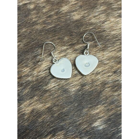 Native American SW Sterling Silver Neon Yellow Green Opal Heart Dangle Earrings - Picture 6 of 9